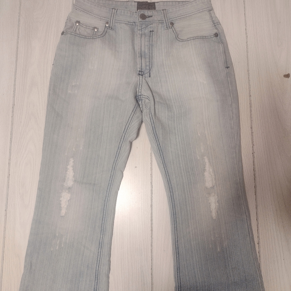 Lamasini Mens Jeans 32/32 Light Wash Distressed Denim Bottoms